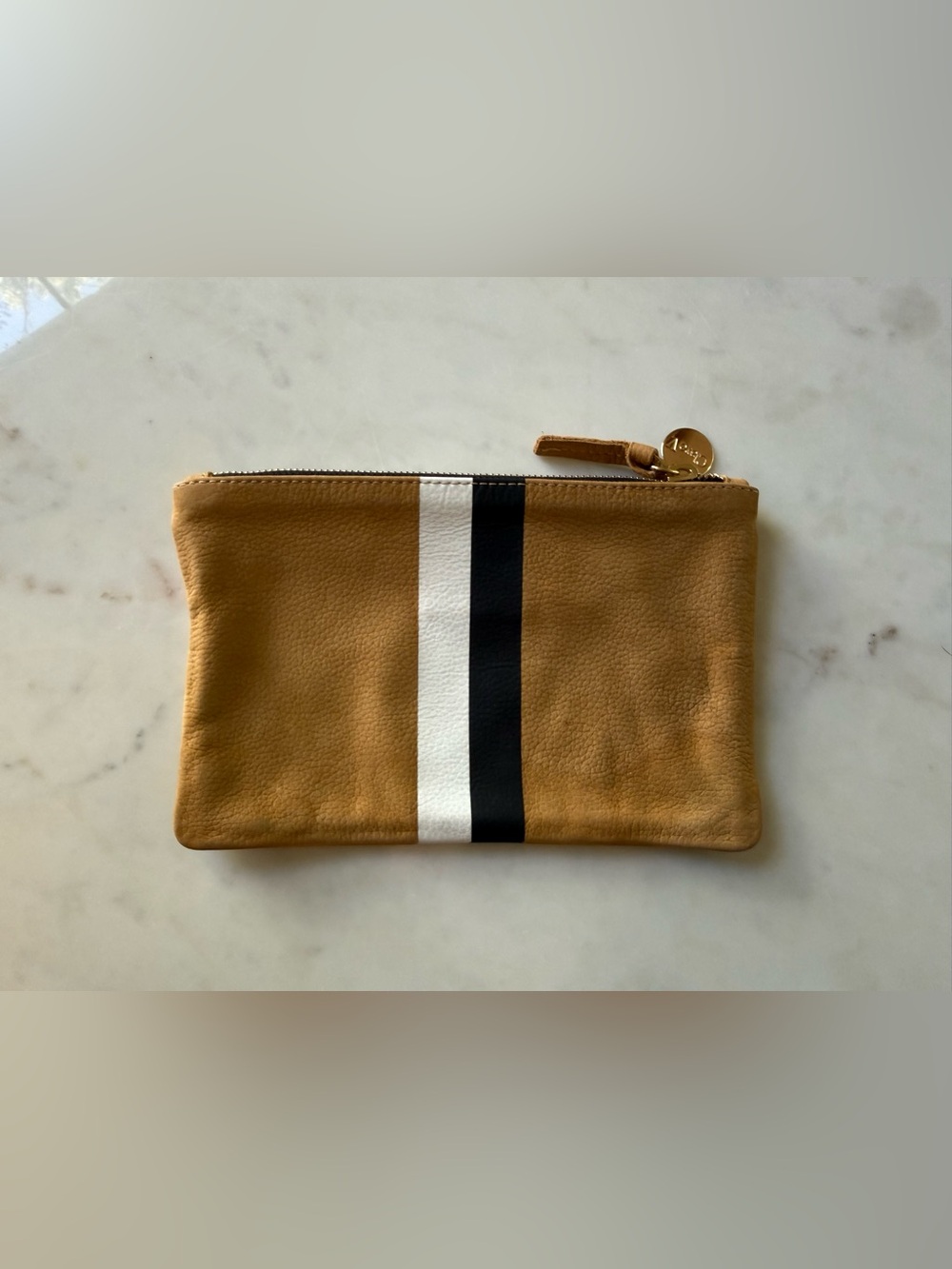 Clare V Leather Zip Pouch Tan with Black and White Stripe Zipper Close